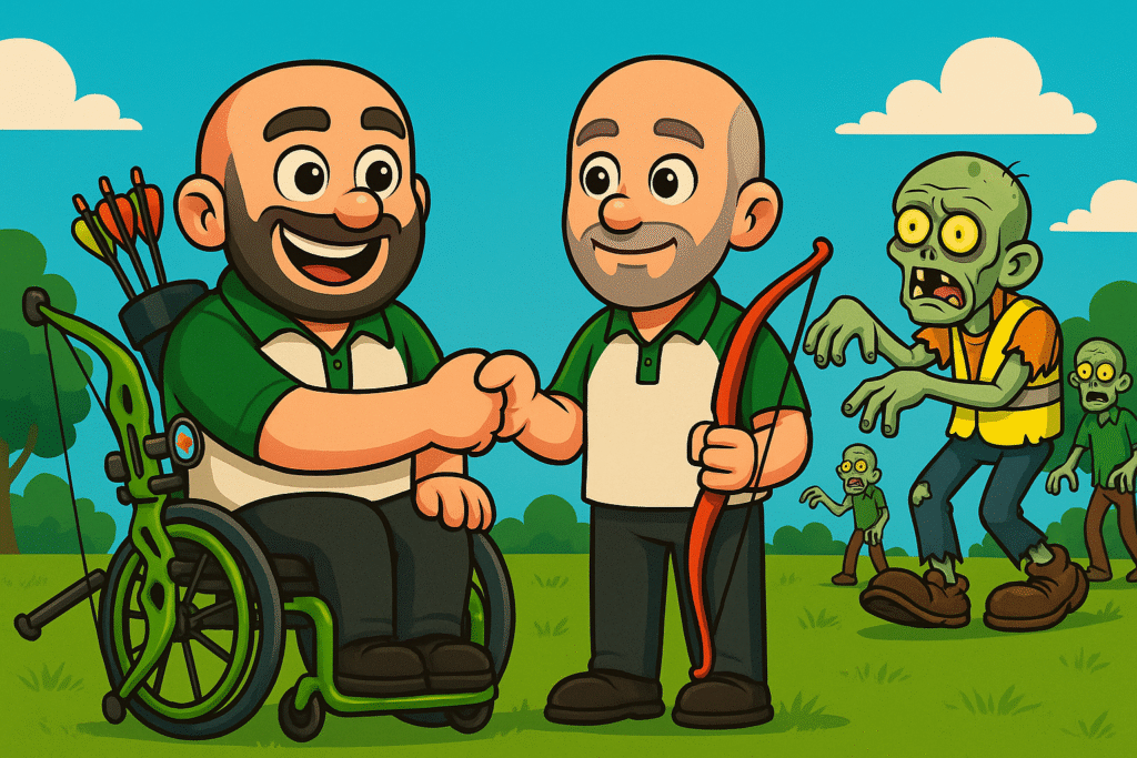 Cartoon illustration of Freddy in a wheelchair fist-bumping Jonathan, with Colin the zombie and other unique zombies in the background.